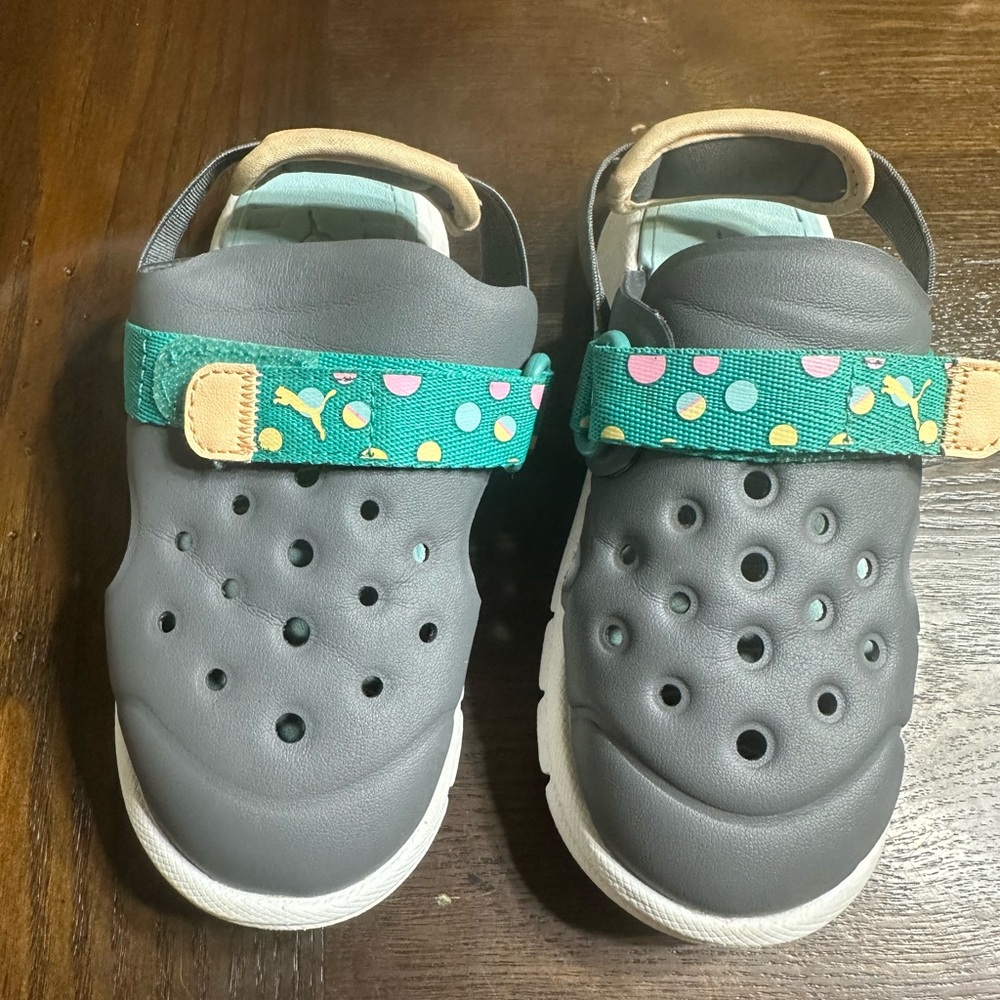 Puma Kids Gray Clog Sandals with Teal Polka Dot‎ Strap